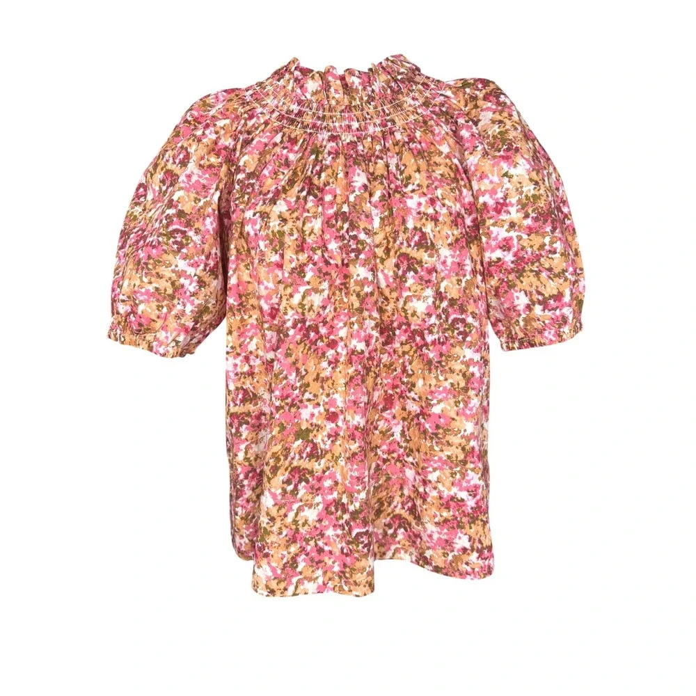 J.Crew Womens Smocked‎ Puff Sleeve Top XS Cottagecore Pink Floral Blouse